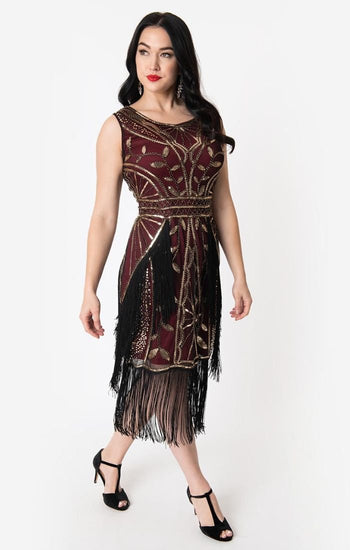 Burgundy and Gold 1920 Beaded Flapper Dress-Ambroise - Blanche's Place